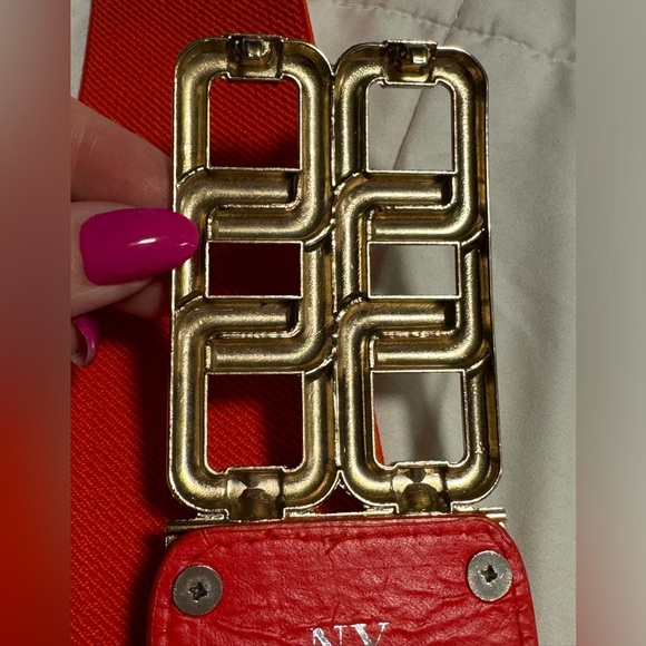 Y2K Gold Geometric Wide Stretch Belt New York & Co Interlock L/XL Orange 90s - Picture 4 of 14